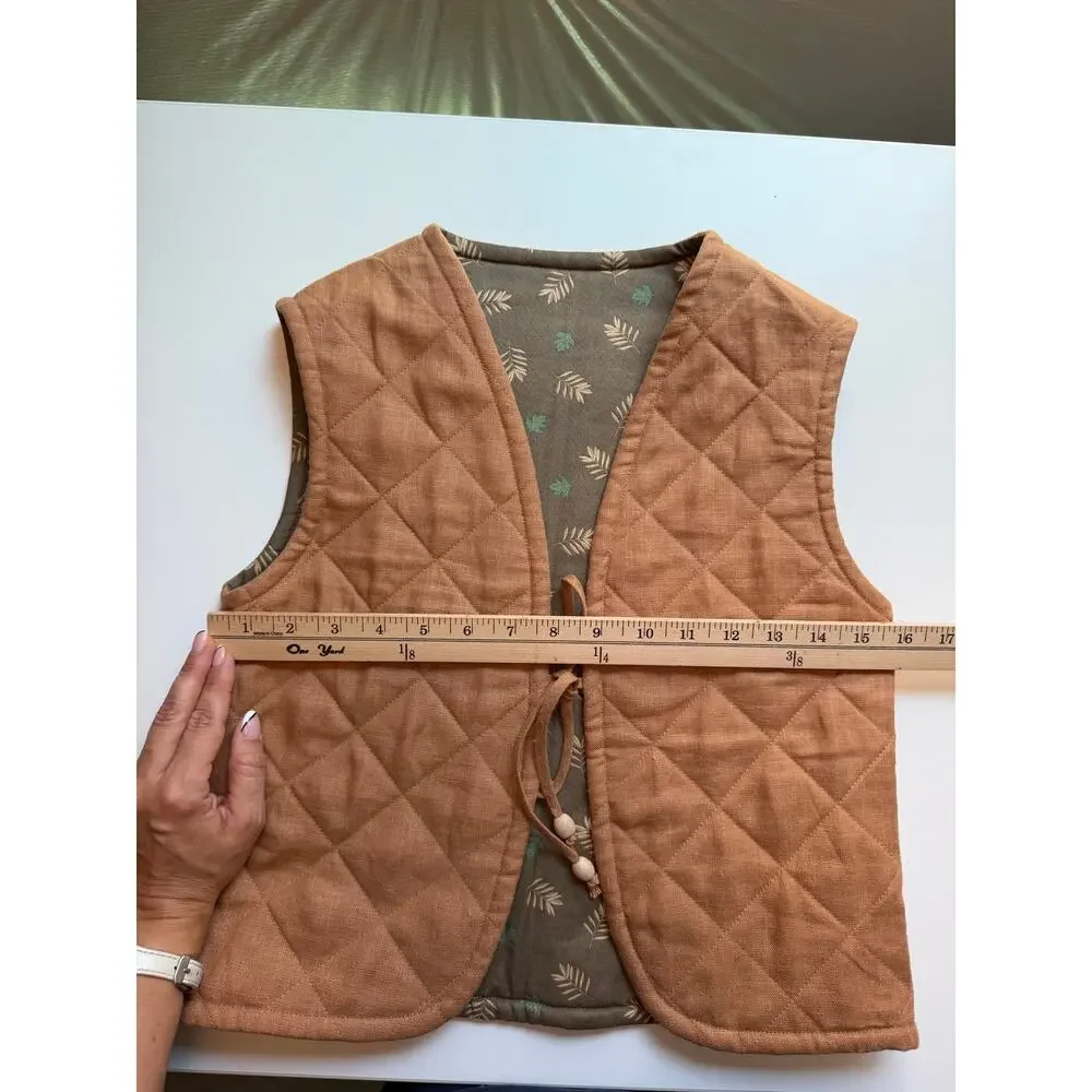 Kids 100% Linen Quilted Vest Size 6-7 Reversible Fall Pumpkin Patch Hand Made
